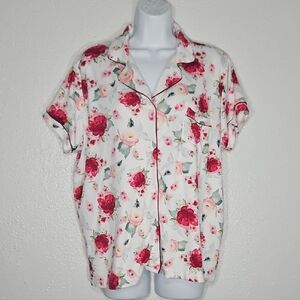 Tahari Soft Pink Roses Watercolor Floral Short Sleeve Button-Up Pajama Shirt XL